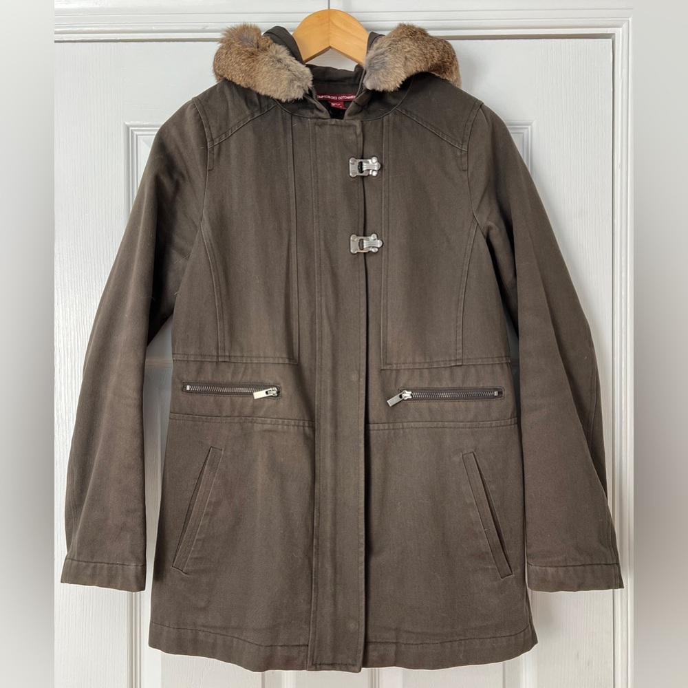 Comptoir des Cotonniers Brown Hooded Coat Faux Fur Trim Size S